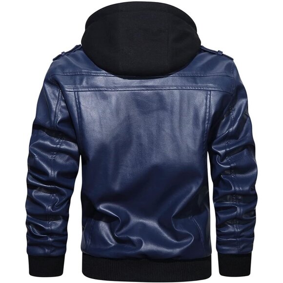 Men’s Navy Blue Stand Collar PU Faux Leather Bomber Jacket With a Removable Hood - Picture 3 of 6